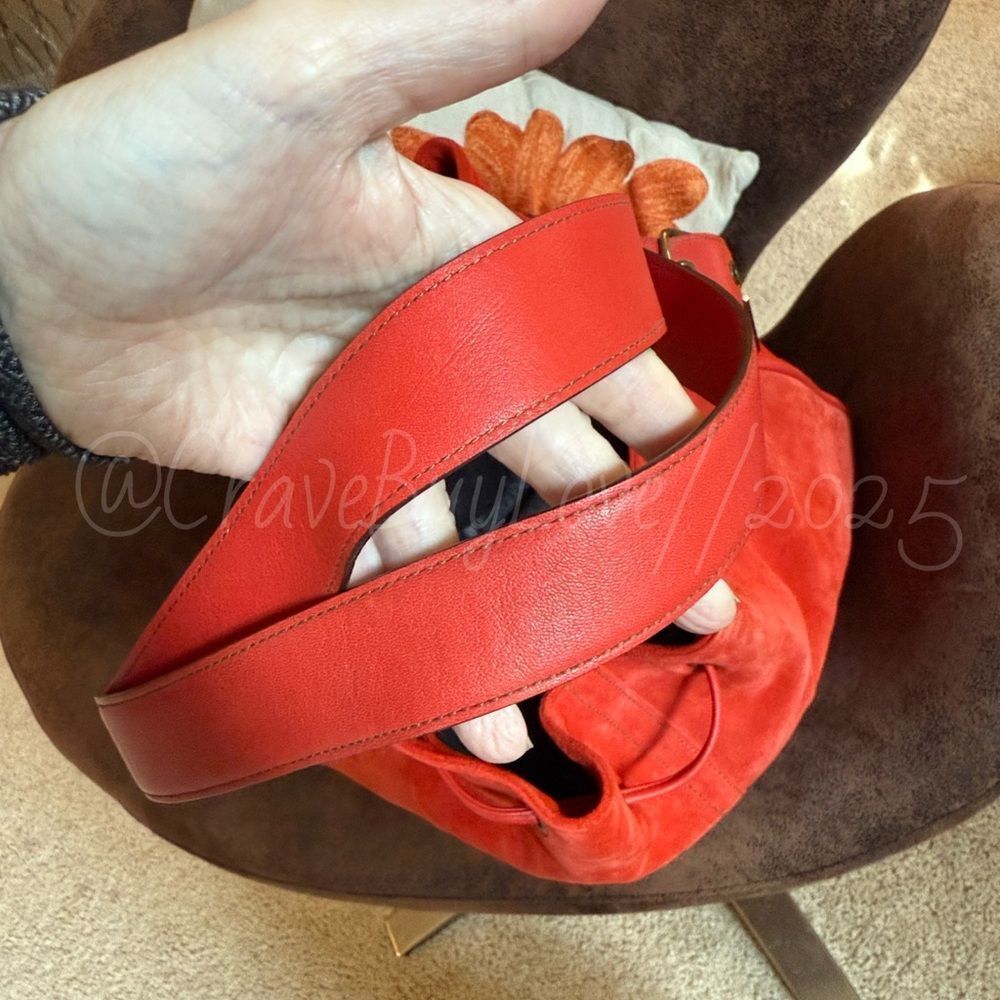 SOLD  DRAWSTRING VERMILLION SUEDE LEATHER BRASS HANGTAG EVC RARE - Picture 14 of 17